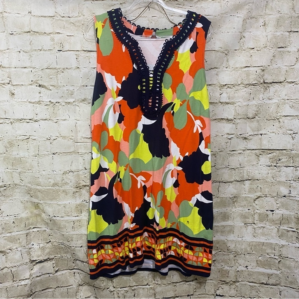 Crown & Ivy Blue Orange Crochet Floral V Neck Shift Tank Dress